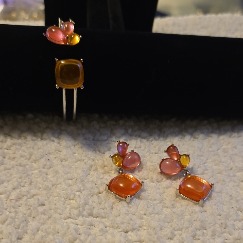 Silver Tones Pink & Orange Plastic Shape Drop Earrings with Yellow Accent